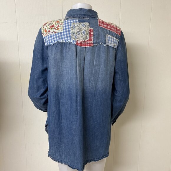 Boho Denim Patchwork Shirt Womens L Distressed Blue Applique Long Sleeve Western - Picture 3 of 10